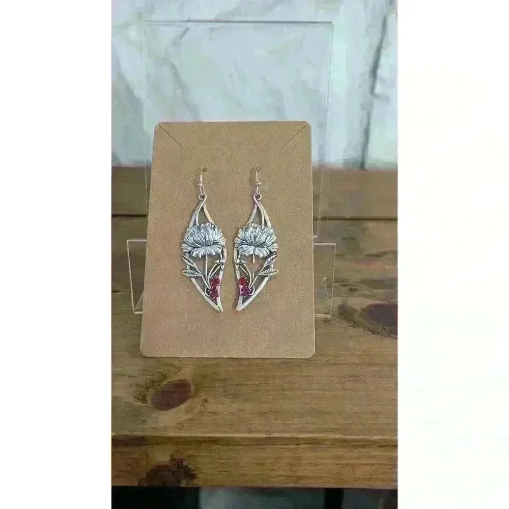 Silver Tone Flower Drop Earrings w/ Pink and Red Rhinestone - Picture 2 of 3